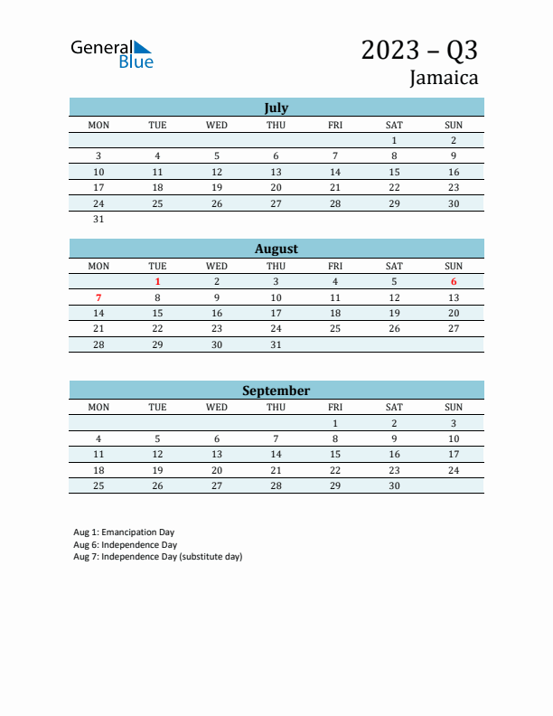 Three-Month Planner for Q3 2023 with Holidays - Jamaica