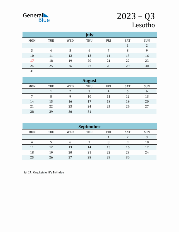 Three-Month Planner for Q3 2023 with Holidays - Lesotho