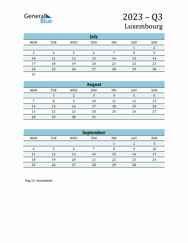 Three-Month Planner for Q3 2023 with Holidays - Luxembourg