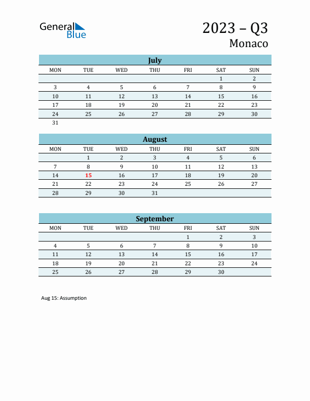 Three-Month Planner for Q3 2023 with Holidays - Monaco