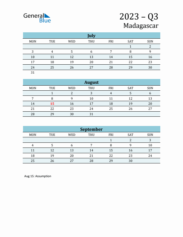 Three-Month Planner for Q3 2023 with Holidays - Madagascar