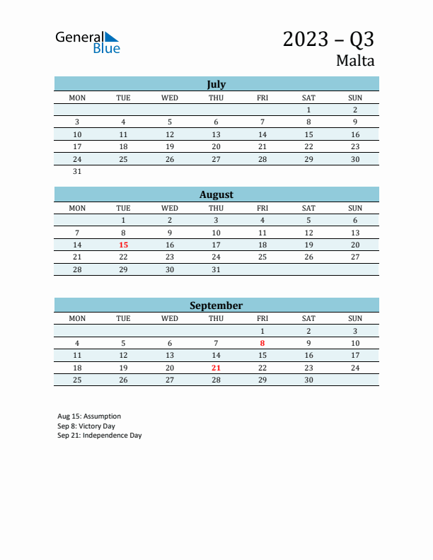 Three-Month Planner for Q3 2023 with Holidays - Malta
