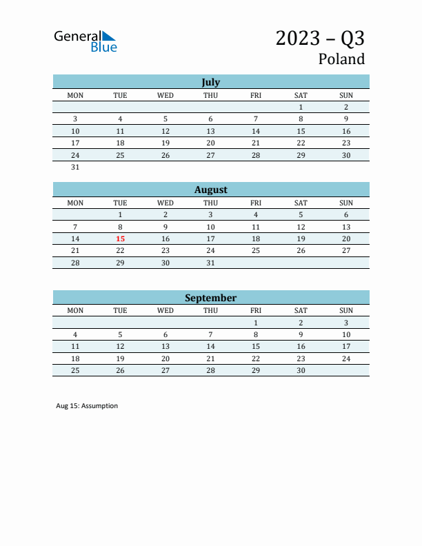 Three-Month Planner for Q3 2023 with Holidays - Poland