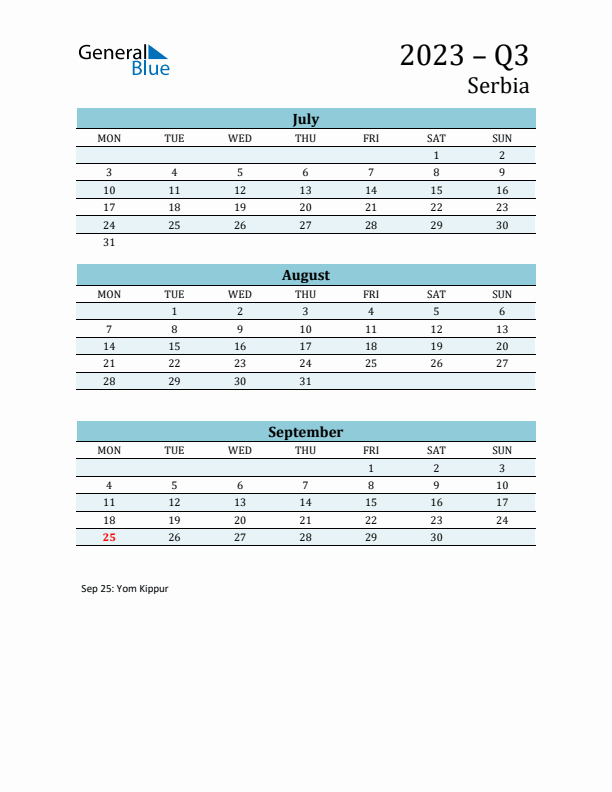 Three-Month Planner for Q3 2023 with Holidays - Serbia