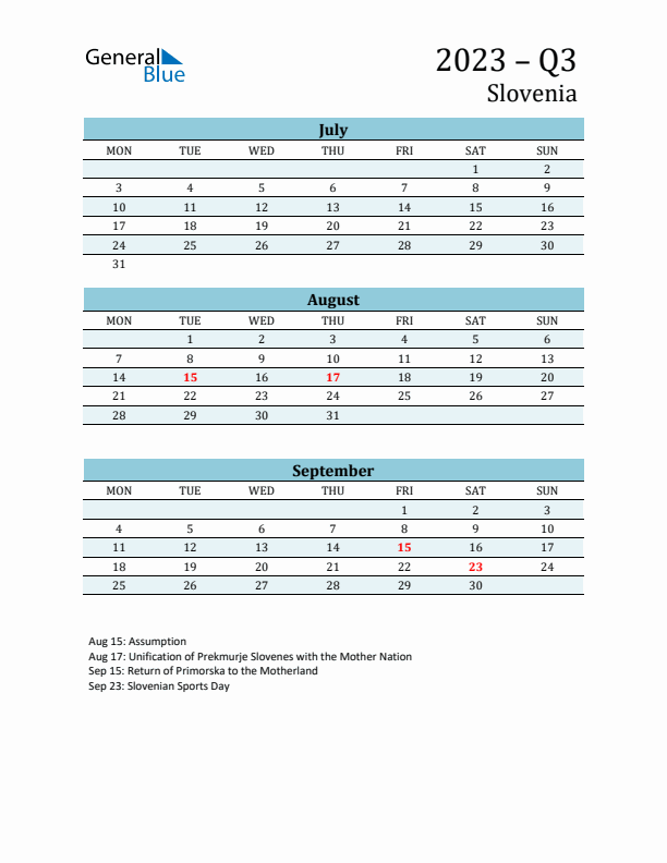 Three-Month Planner for Q3 2023 with Holidays - Slovenia