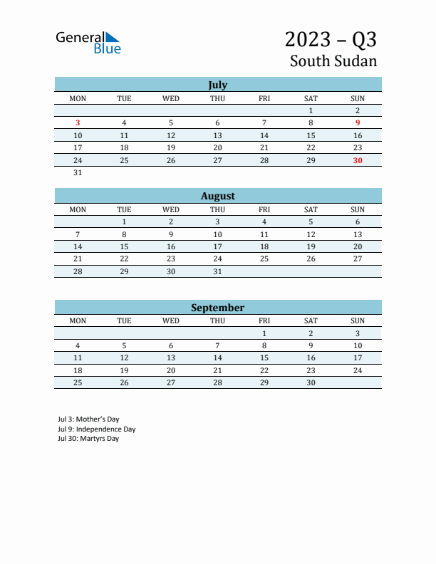 Three-Month Planner for Q3 2023 with Holidays - South Sudan