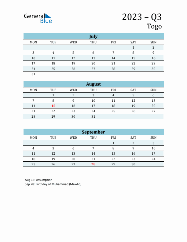 Three-Month Planner for Q3 2023 with Holidays - Togo