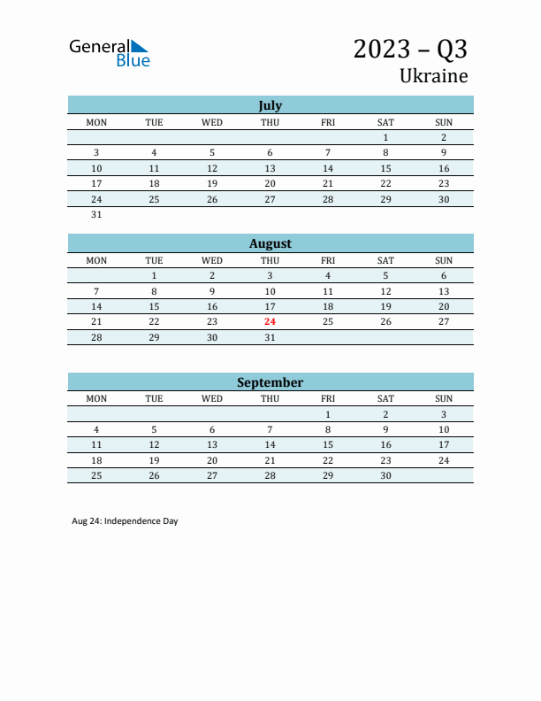 Three-Month Planner for Q3 2023 with Holidays - Ukraine