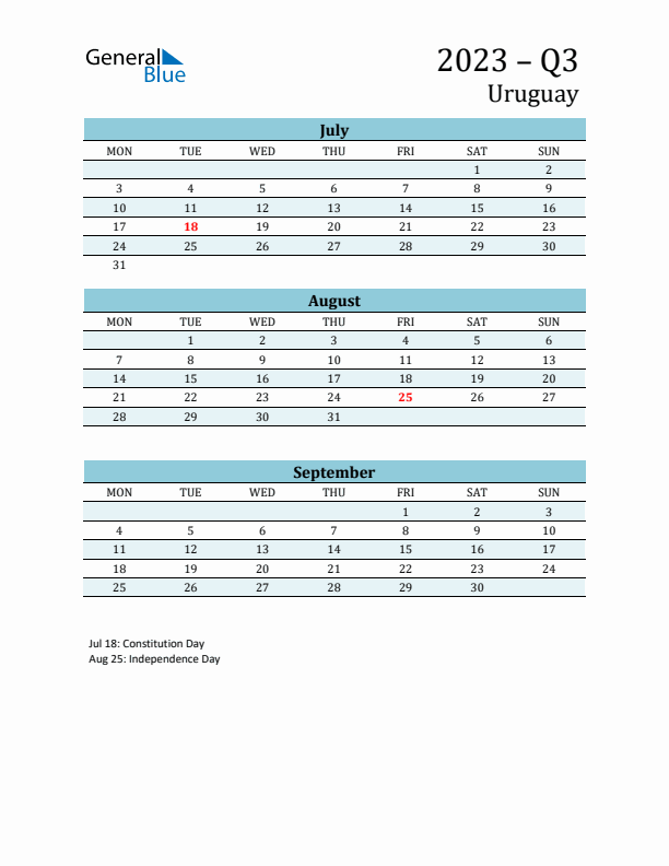 Three-Month Planner for Q3 2023 with Holidays - Uruguay