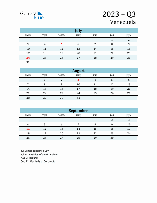Three-Month Planner for Q3 2023 with Holidays - Venezuela