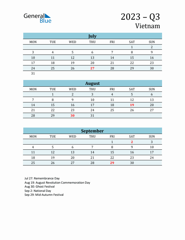 Three-Month Planner for Q3 2023 with Holidays - Vietnam
