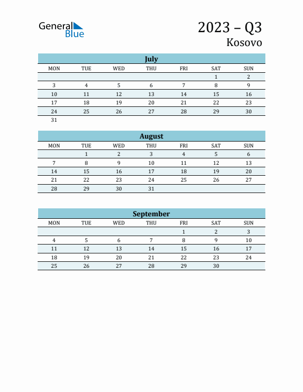 Three-Month Planner for Q3 2023 with Holidays - Kosovo