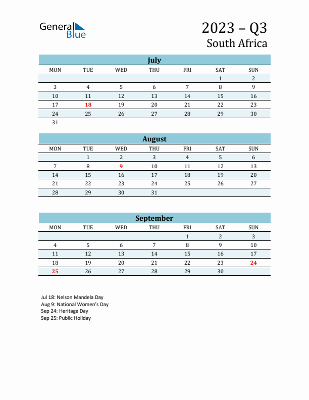 Three-Month Planner for Q3 2023 with Holidays - South Africa
