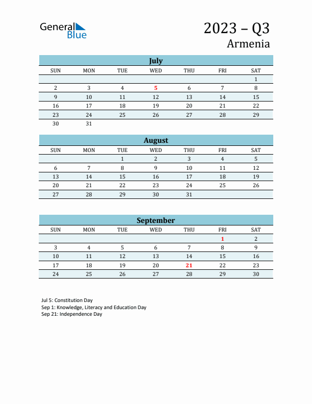 Three-Month Planner for Q3 2023 with Holidays - Armenia