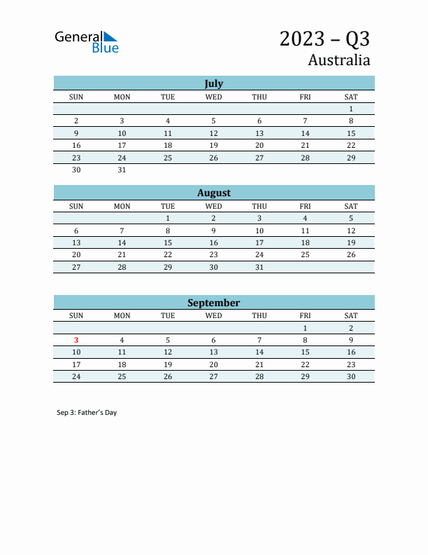 Three-Month Planner for Q3 2023 with Holidays - Australia