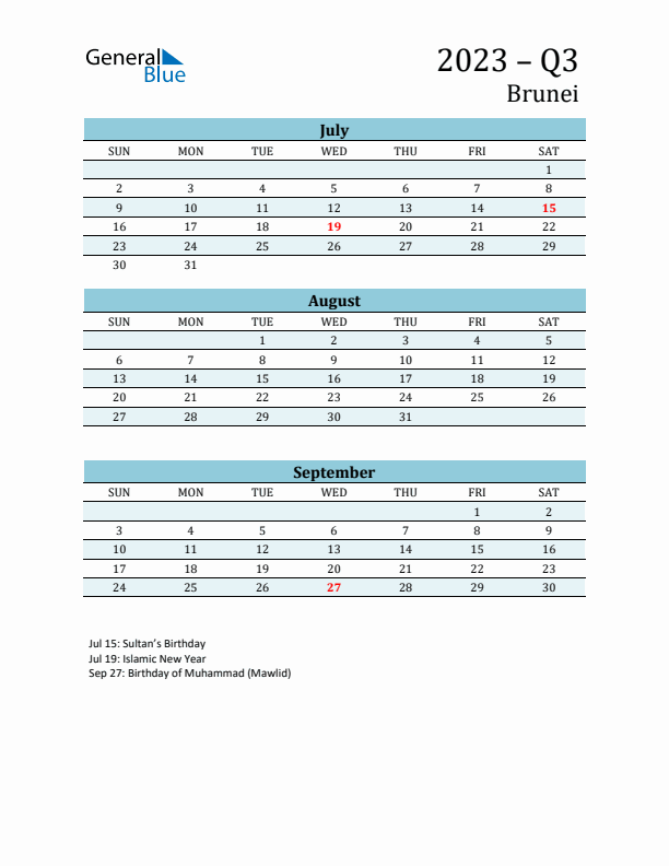 Three-Month Planner for Q3 2023 with Holidays - Brunei