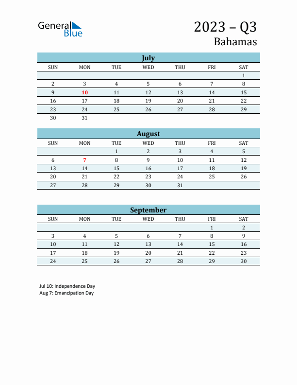 Three-Month Planner for Q3 2023 with Holidays - Bahamas