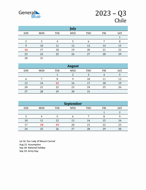 Three-Month Planner for Q3 2023 with Holidays - Chile