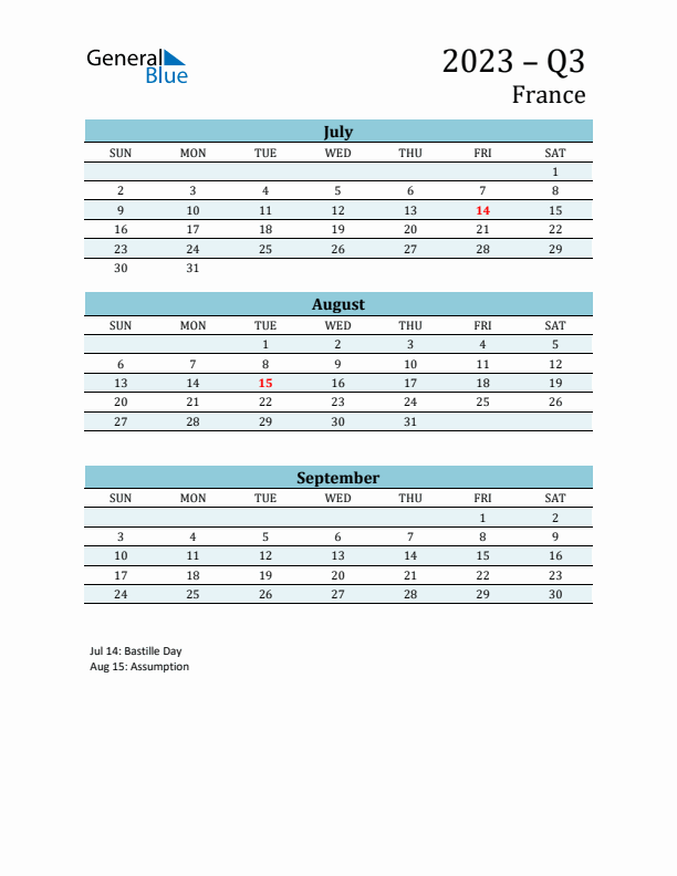 Three-Month Planner for Q3 2023 with Holidays - France