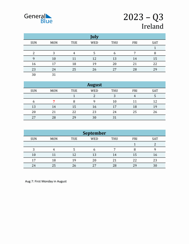 Three-Month Planner for Q3 2023 with Holidays - Ireland