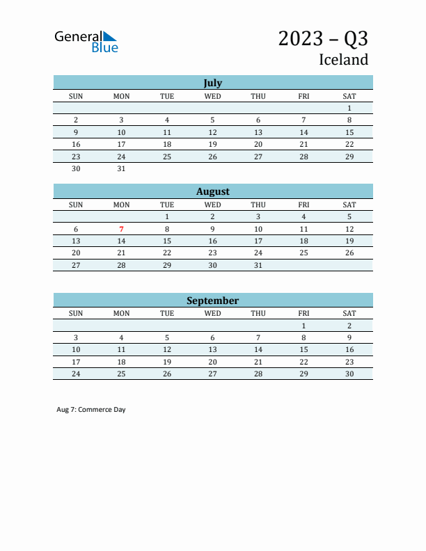 Three-Month Planner for Q3 2023 with Holidays - Iceland