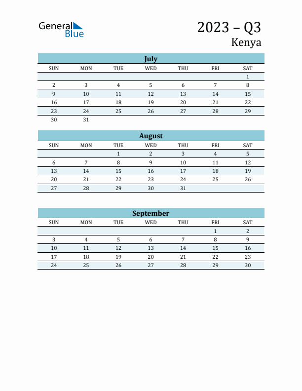 Three-Month Planner for Q3 2023 with Holidays - Kenya