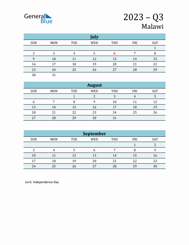Three-Month Planner for Q3 2023 with Holidays - Malawi