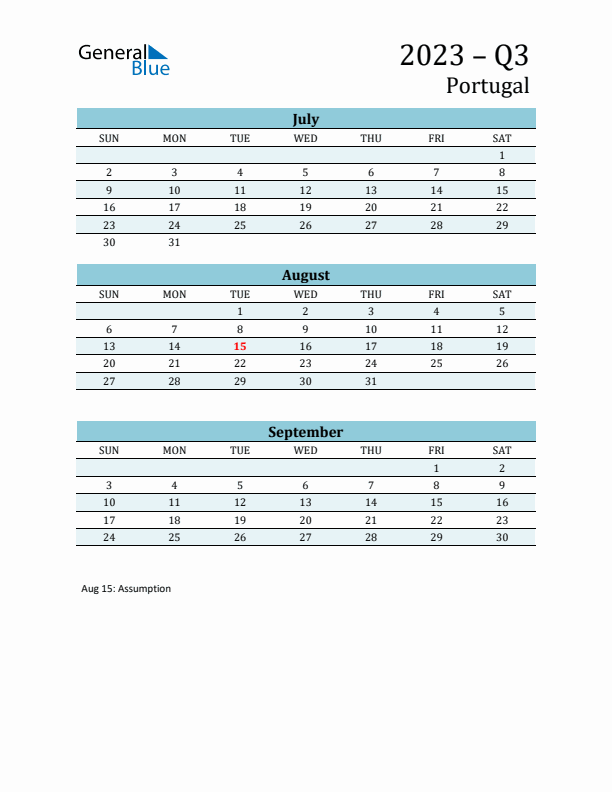 Three-Month Planner for Q3 2023 with Holidays - Portugal