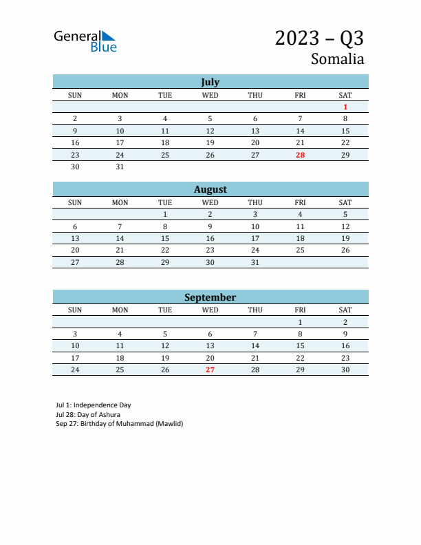 Three-Month Planner for Q3 2023 with Holidays - Somalia