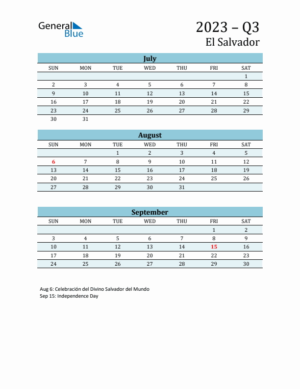 Three-Month Planner for Q3 2023 with Holidays - El Salvador