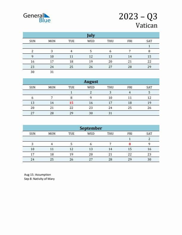 Three-Month Planner for Q3 2023 with Holidays - Vatican