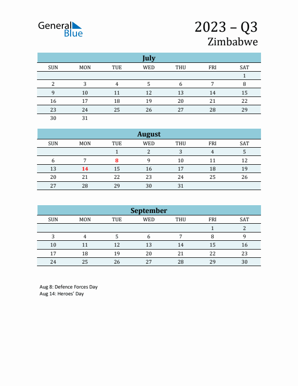 Three-Month Planner for Q3 2023 with Holidays - Zimbabwe