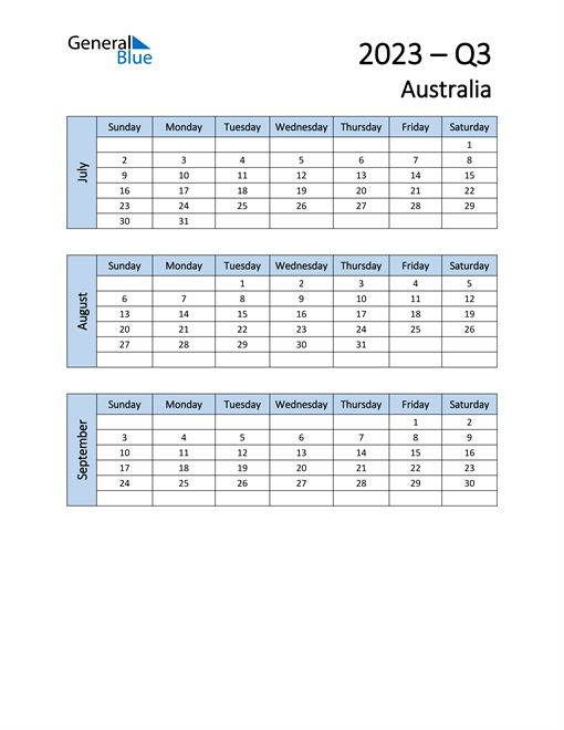 Q3 2023 Quarterly Calendar with Australia Holidays