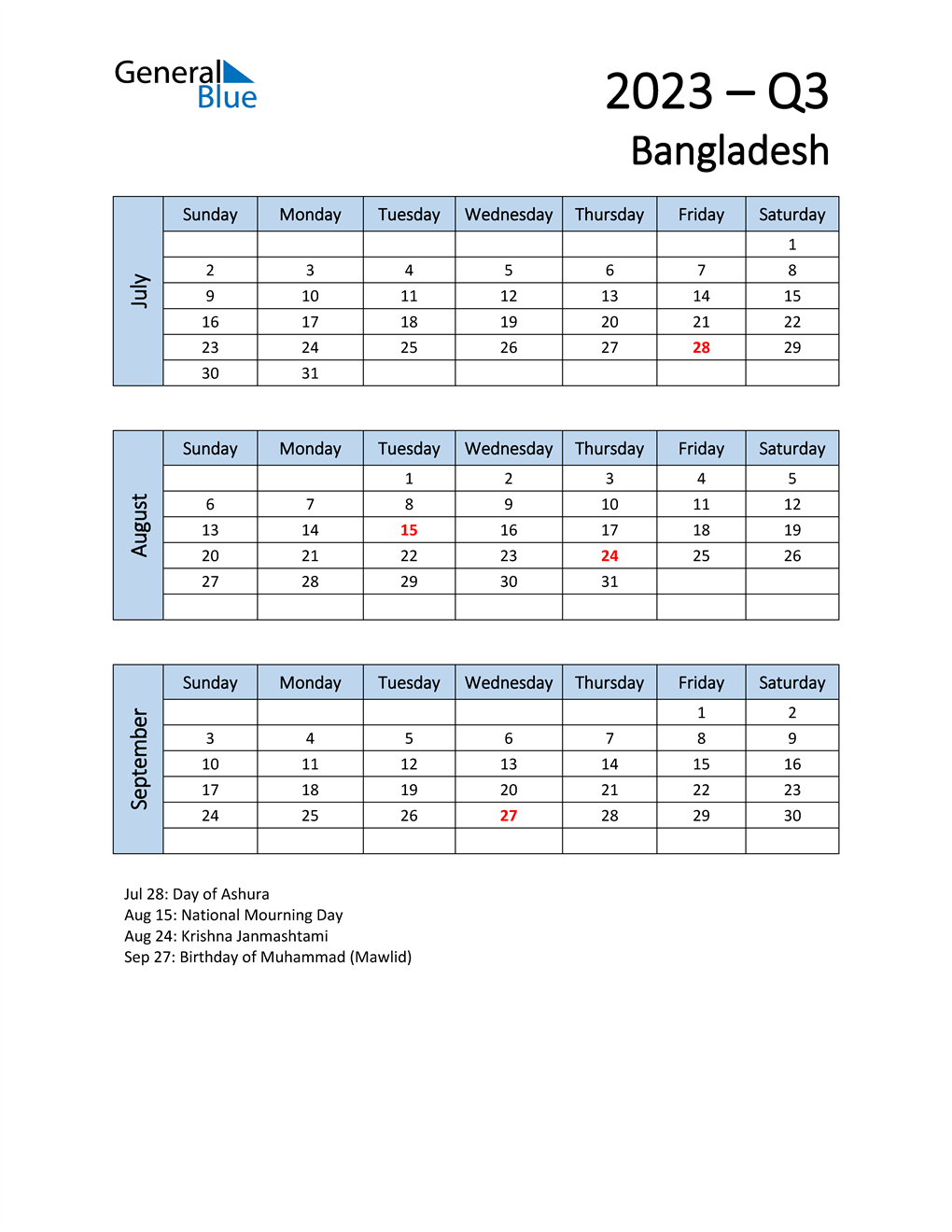 Q3 2023 Quarterly Calendar With Bangladesh Holidays