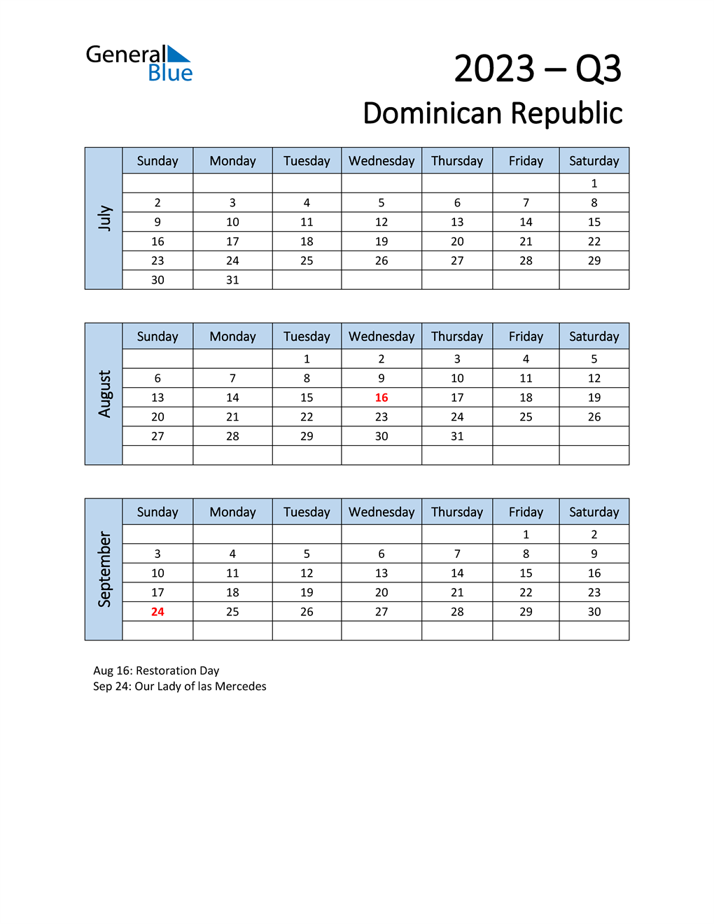  Free Q3 2023 Calendar for Dominican Republic