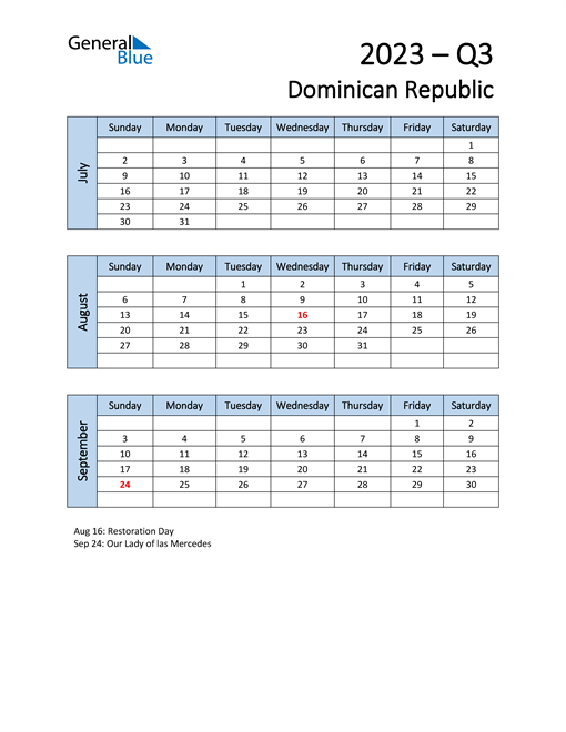  Free Q3 2023 Calendar for Dominican Republic