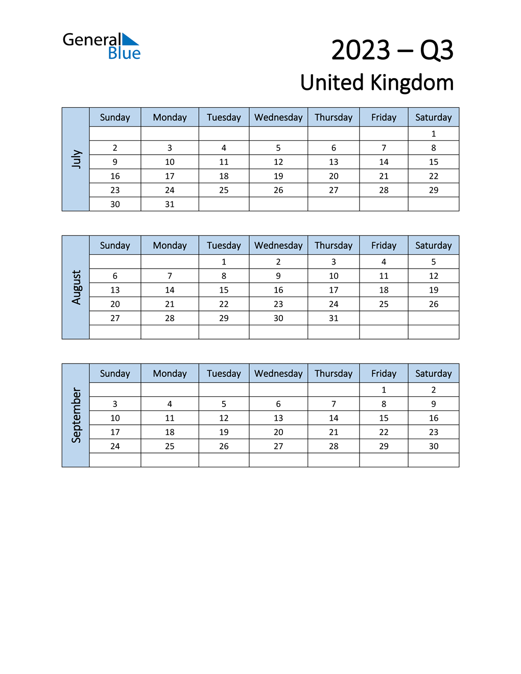 Q3 2023 Quarterly Calendar with United Kingdom Holidays