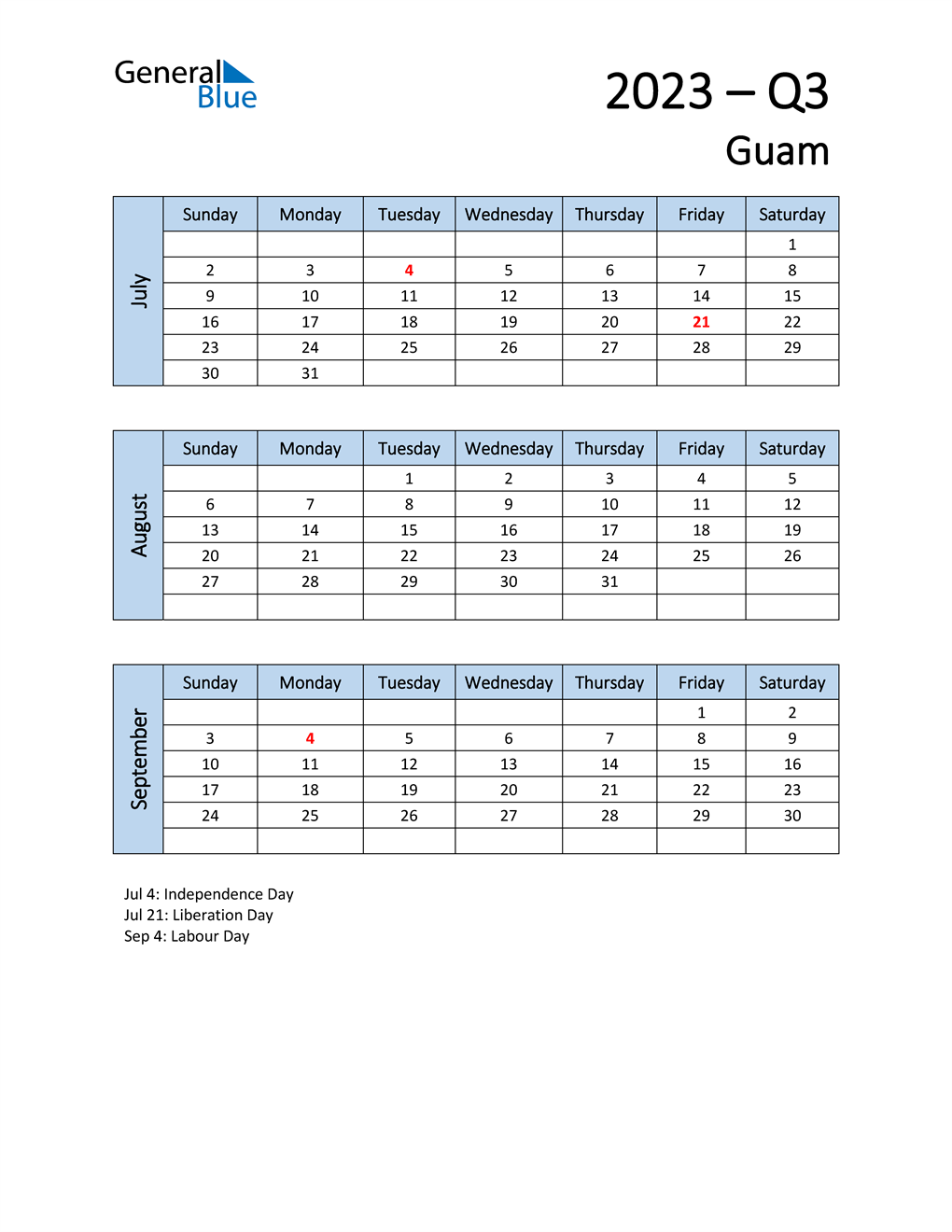  Free Q3 2023 Calendar for Guam