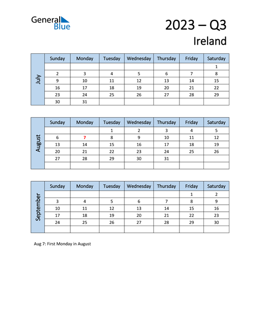  Free Q3 2023 Calendar for Ireland