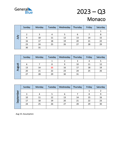  Free Q3 2023 Calendar for Monaco
