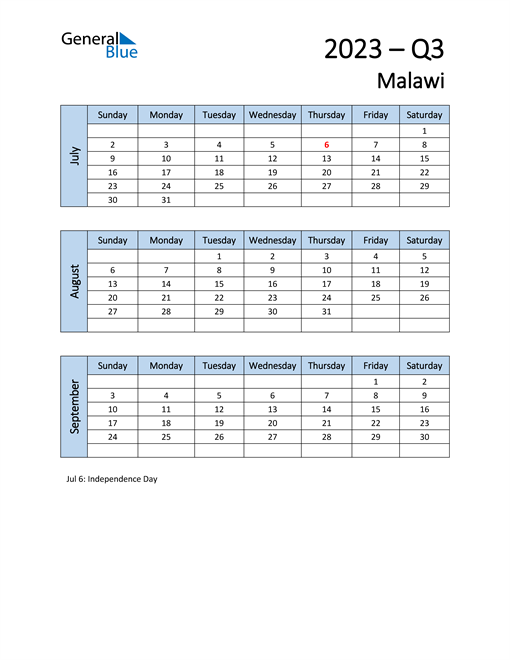  Free Q3 2023 Calendar for Malawi