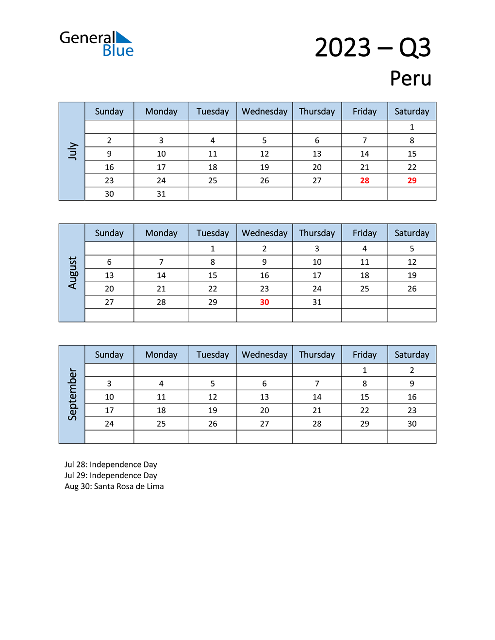  Free Q3 2023 Calendar for Peru