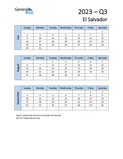  Free Q3 2023 Calendar for El Salvador