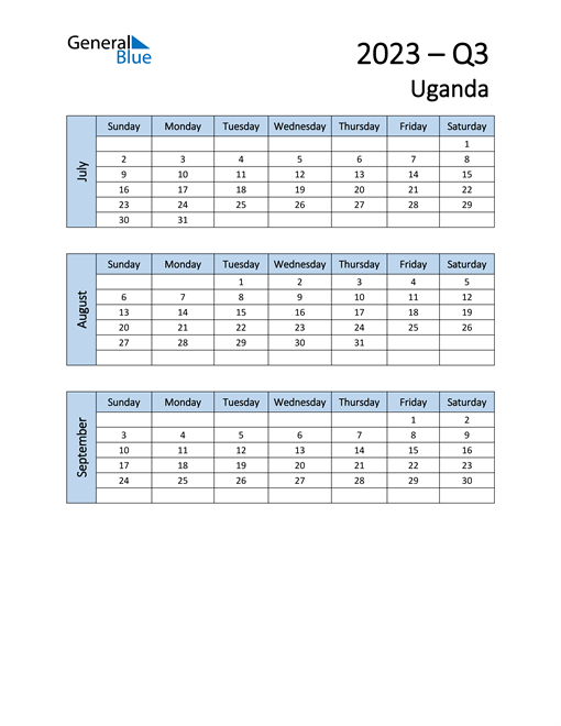  Free Q3 2023 Calendar for Uganda