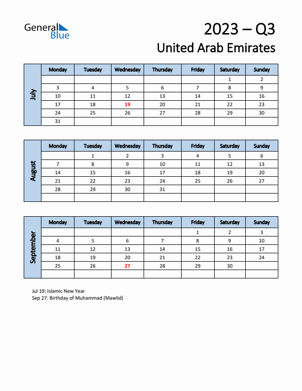 Free Q3 2023 Calendar for United Arab Emirates - Monday Start