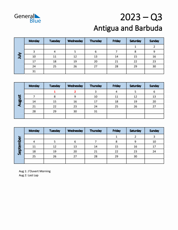 Free Q3 2023 Calendar for Antigua and Barbuda - Monday Start