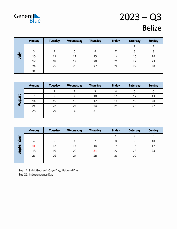 Free Q3 2023 Calendar for Belize - Monday Start