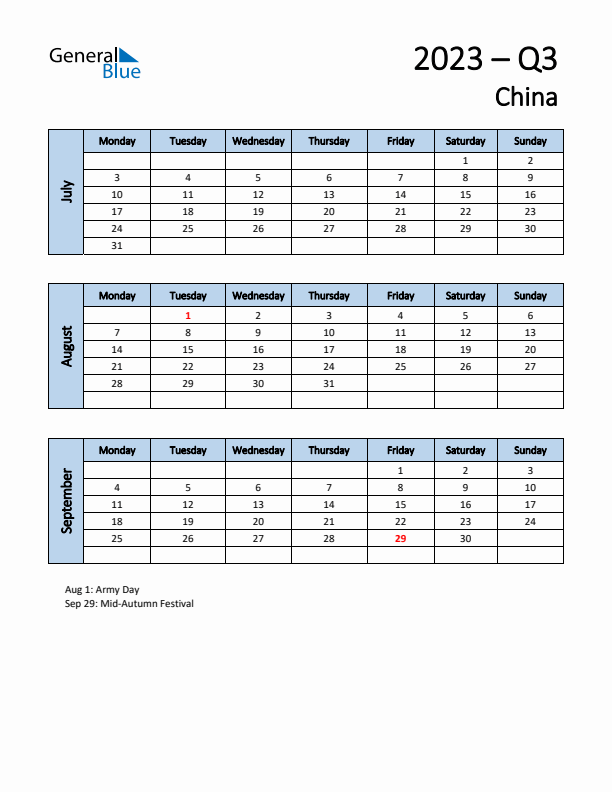 Free Q3 2023 Calendar for China - Monday Start