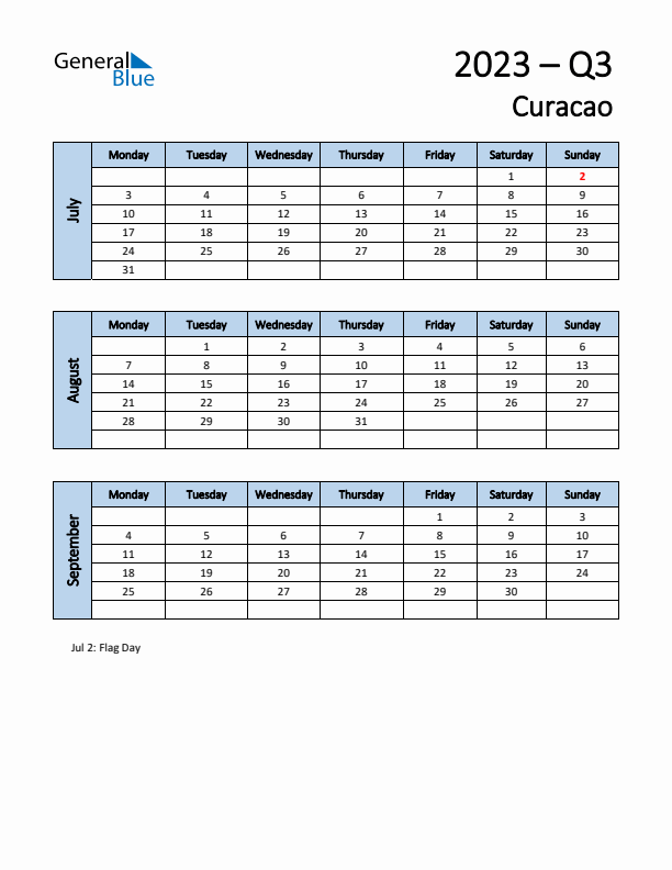 Free Q3 2023 Calendar for Curacao - Monday Start
