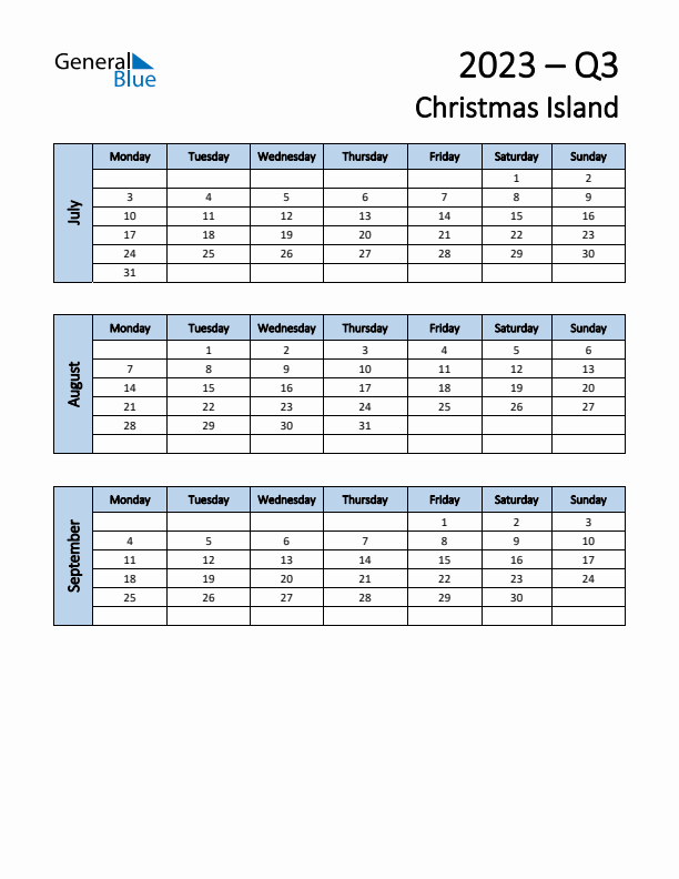 Free Q3 2023 Calendar for Christmas Island - Monday Start